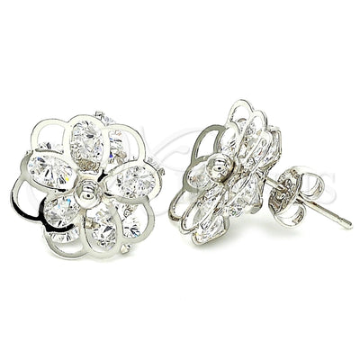 Rhodium Gold Filled Stud Earring, Flower Design, with White Cubic Zirconia, Polished, Rhodium Finish for wholesale, main product view