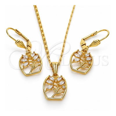 Oro Laminado Earring and Pendant Adult Set, Gold Filled Style Leaf Design, with White Cubic Zirconia, Polished, Golden Finish, 10.287.0009