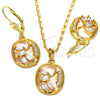 Oro Laminado Earring and Pendant Adult Set, Gold Filled Style Leaf Design, with White Cubic Zirconia, Polished, Golden Finish, 10.287.0024