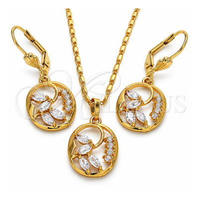 Oro Laminado Earring and Pendant Adult Set, Gold Filled Style Leaf Design, with White Cubic Zirconia, Polished, Golden Finish, 10.287.0024
