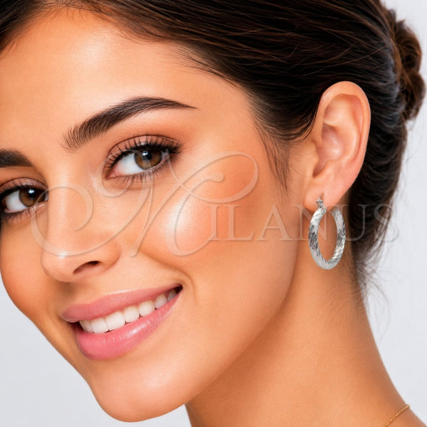 White Gold Filled Hoop Earrings — Medium Hoop Diamond Cutting 5. — main product view — SKU 121151 | Oro Laminado Blanco aretes de aro — Medium Hoop Diamond Cutting 5. — SKU 121151