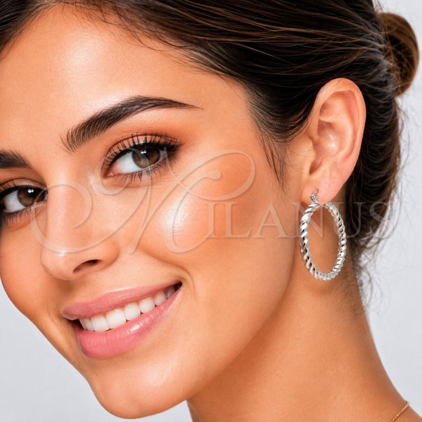 White Gold Filled Hoop Earrings — Medium Hoop Twist Design Diamond Cutting 02. — alternate product view — SKU 121156 | Oro Laminado Blanco aretes de aro — Medium Hoop Twist diseño Diamond Cutting 02. — SKU 121156