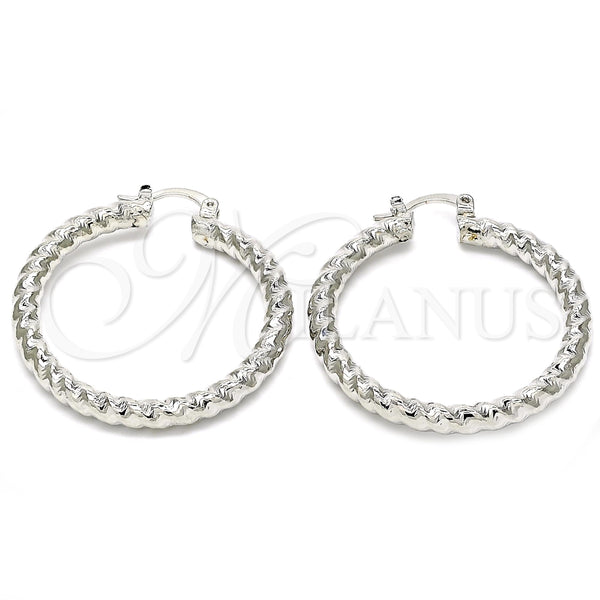 White Gold Filled Hoop Earrings — Medium Hoop Twist Design Diamond Cutting 02. — main product view — SKU 121156 | Oro Laminado Blanco aretes de aro — Medium Hoop Twist diseño Diamond Cutting 02. — SKU 121156
