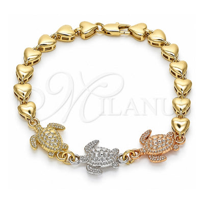 Oro Laminado Fancy Bracelet, Gold Filled Style Elephant and Heart Design, Polished, Tricolor, 03.63.1873.1.08 (07 MM Thickness, 8 Inches Length)