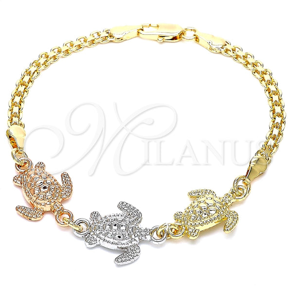 Oro Laminado Fancy Bracelet, Gold Filled Style Turtle Design, Polished, Tricolor, 03.63.1874.1.07 (04 MM Thickness, 7 Inches Length)