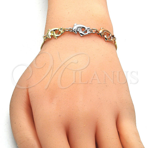 Oro Laminado Adjustable Bolo Bracelet, Gold Filled Style Dolphin Design, Polished, Tricolor, 03.63.1884.1.12 (01 MM Thickness, 12 Inches Length)