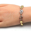 Oro Laminado Fancy Bracelet, Gold Filled Style Dolphin and Heart Design, Polished, Tricolor, 03.63.1885.1.07 (07 MM Thickness, 7 Inches Length)