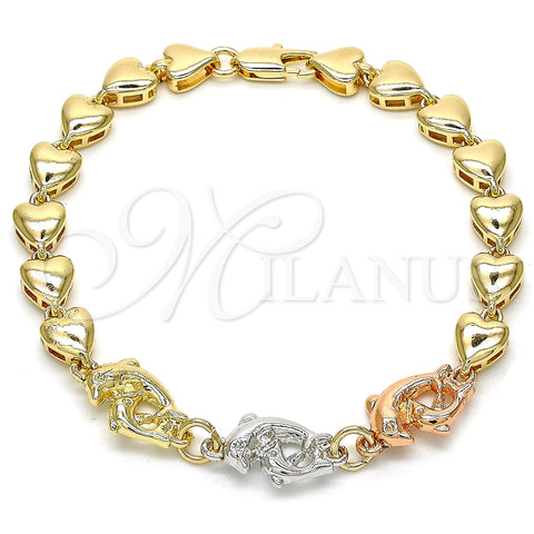 Oro Laminado Fancy Bracelet, Gold Filled Style Dolphin and Heart Design, Polished, Tricolor, 03.63.1885.1.07 (07 MM Thickness, 7 Inches Length)