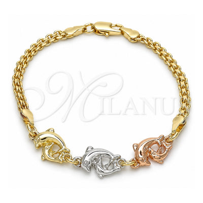 Oro Laminado Fancy Bracelet, Gold Filled Style Dolphin Design, Polished, Tricolor, 03.63.1886.1.08 (04 MM Thickness, 8 Inches Length)
