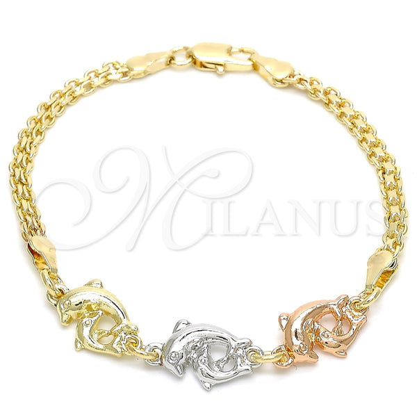 Oro Laminado Fancy Bracelet, Gold Filled Style Dolphin Design, Polished, Tricolor, 03.63.1886.1.08 (04 MM Thickness, 8 Inches Length)