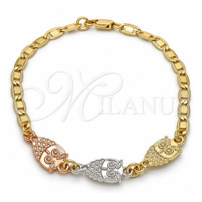 Oro Laminado Fancy Bracelet, Gold Filled Style Owl Design, Polished, Tricolor, 03.63.1889.1.08 (04 MM Thickness, 8 Inches Length)