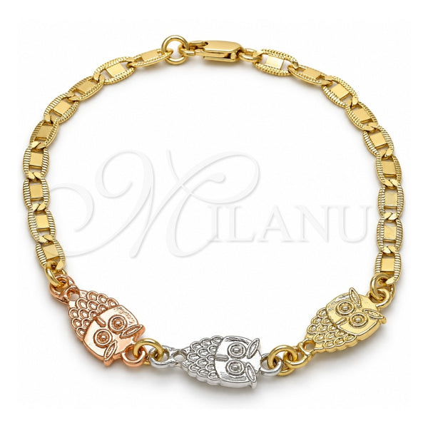 Oro Laminado Fancy Bracelet, Gold Filled Style Owl Design, Polished, Tricolor, 03.63.1889.1.08 (04 MM Thickness, 8 Inches Length)