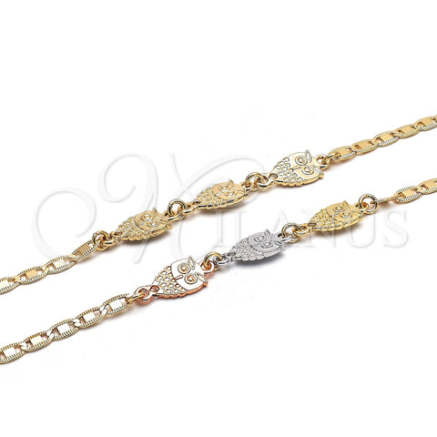Oro Laminado Fancy Bracelet, Gold Filled Style Owl Design, Polished, Tricolor, 03.63.1889.1.08 (04 MM Thickness, 8 Inches Length)