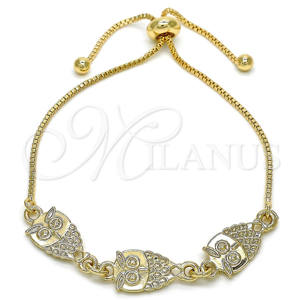 Oro Laminado Adjustable Bolo Bracelet, Gold Filled Style Owl Design, Polished, Golden Finish, 03.63.1890.10 (01 MM Thickness, 10 Inches Length)
