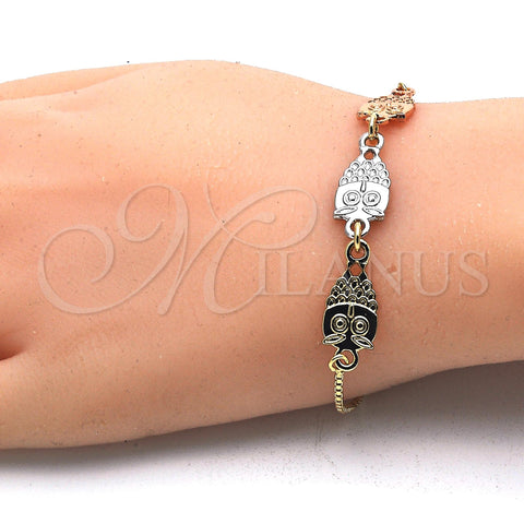 Oro Laminado Adjustable Bolo Bracelet, Gold Filled Style Owl Design, Polished, Tricolor, 03.63.1890.1.10 (01 MM Thickness, 10 Inches Length)