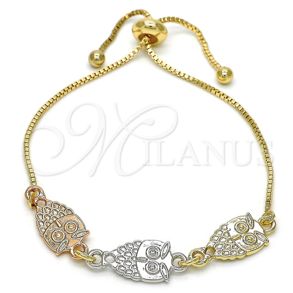 Oro Laminado Adjustable Bolo Bracelet, Gold Filled Style Owl Design, Polished, Tricolor, 03.63.1890.1.10 (01 MM Thickness, 10 Inches Length)