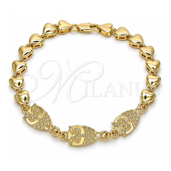 Oro Laminado Fancy Bracelet, Gold Filled Style Owl and Heart Design, Polished, Golden Finish, 03.63.1891.08 (07 MM Thickness, 8 Inches Length)