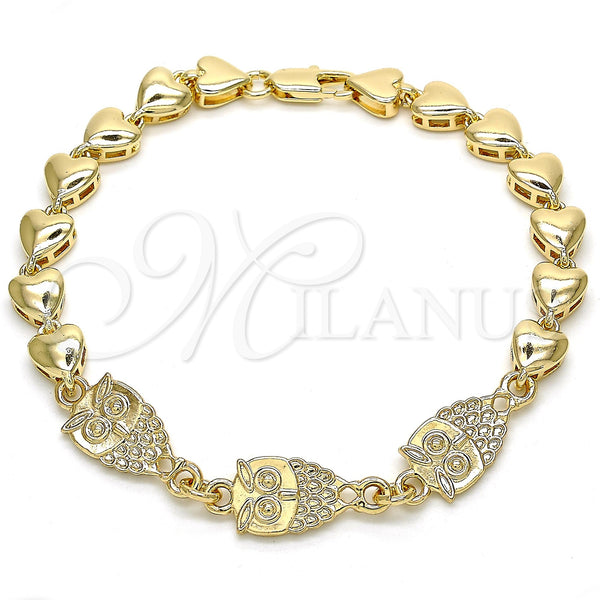 Oro Laminado Fancy Bracelet, Gold Filled Style Owl and Heart Design, Polished, Golden Finish, 03.63.1891.08 (07 MM Thickness, 8 Inches Length)