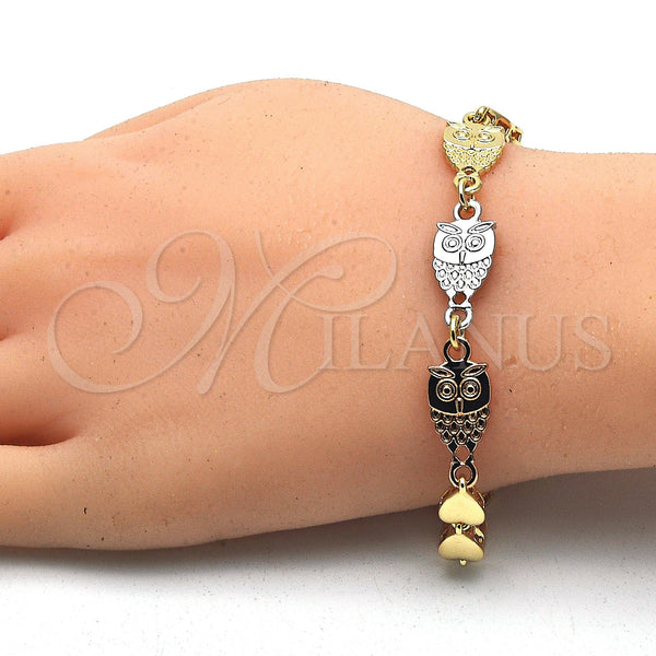 Gold Filled Bracelet — Fancy Bracelet Owl and Heart Design Polished Tricolor — main product view — SKU 121300 | Oro Laminado brazalete — elegante Bracelet Owl and corazón diseño pulido Tricolor — SKU 121300