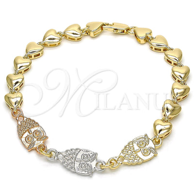 Oro Laminado Fancy Bracelet, Gold Filled Style Owl and Heart Design, Polished, Tricolor, 03.63.1891.1.08 (07 MM for wholesale, main product view