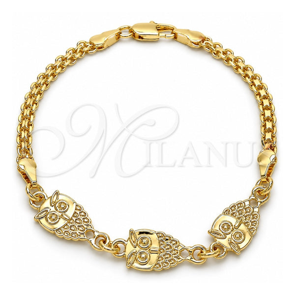 Oro Laminado Fancy Bracelet, Gold Filled Style Owl Design, Polished, Golden Finish, 03.63.1892.08 (04 MM Thickness, 8 Inches Length)