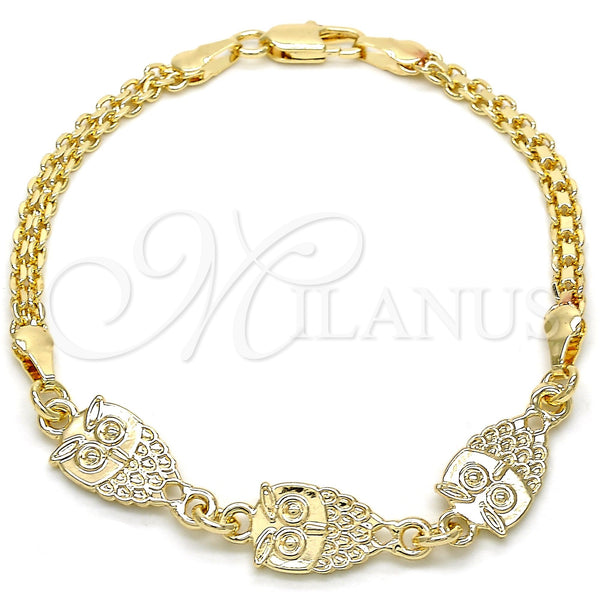 Oro Laminado Fancy Bracelet, Gold Filled Style Owl Design, Polished, Golden Finish, 03.63.1892.08 (04 MM Thickness, 8 Inches Length)