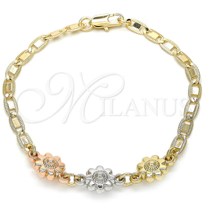 Oro Laminado Fancy Bracelet, Gold Filled Style Flower Design, Polished, Tricolor, 03.63.1893.1.08 (04 MM for wholesale, main product view