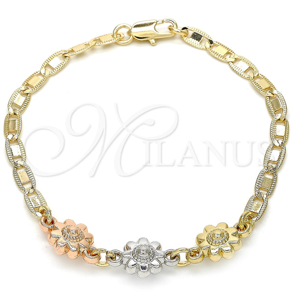 Oro Laminado Fancy Bracelet, Gold Filled Style Flower Design, Polished, Tricolor, 03.63.1893.1.08 (04 MM Thickness, 8 Inches Length)