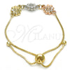 Oro Laminado Adjustable Bolo Bracelet, Gold Filled Style Flower Design, Polished, Tricolor, 03.63.1894.1.11 (01 MM Thickness, 11 Inches Length)
