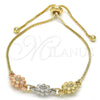 Oro Laminado Adjustable Bolo Bracelet, Gold Filled Style Flower Design, Polished, Tricolor, 03.63.1894.1.11 (01 MM Thickness, 11 Inches Length)