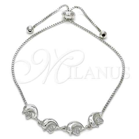 Rhodium Plated Adjustable Bolo Bracelet, Dolphin and Heart Design, with White Micro Pave, Polished, Rhodium Finish, 03.155.0039.1.10 (01 MM Thickness, 10 Inches Length)
