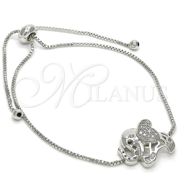 Rhodium Plated Adjustable Bolo Bracelet, Elephant Design, with White Cubic Zirconia, Polished, Rhodium Finish, 03.155.0042.1.11 (01 MM Thickness, 11 Inches Length)