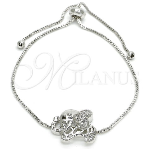 Rhodium Gold Filled Adjustable Bolo Bracelet, Elephant Design, with White Cubic Zirconia, Polished, Rhodium Finish, 03.155.0042.1.11 (01 MM Thickness, 11 Inches Length)
