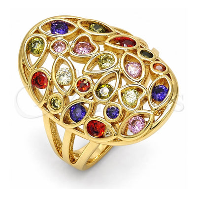 Oro Laminado Multi Stone Ring, Gold Filled Style Heart and key Design, with Multicolor Cubic Zirconia, Polished, Golden Finish, 01.210.0065.1.07 (Size 7)