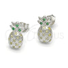 Sterling Silver Stud Earring, Pineapple Design, with Green and White Micro Pave, Polished, Raw, 02.285.0036