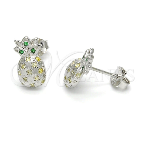 Sterling Silver Stud Earring, Pineapple Design, with Green and White Micro Pave, Polished, Raw, 02.285.0036