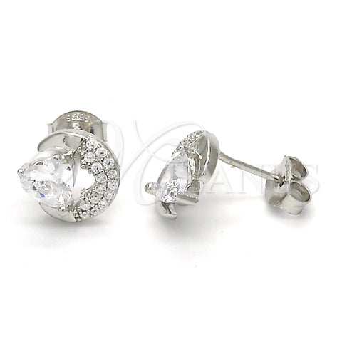 Sterling Silver Stud Earring, Heart Design, with White Cubic Zirconia, Polished, Raw, 02.285.0038