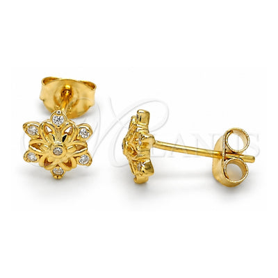 Sterling Silver Stud Earring, Flower Design, with White Cubic Zirconia, Polished, Golden Finish, 02.285.0048