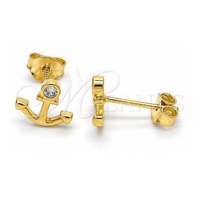 Sterling Silver Stud Earring, Anchor Design, with White Cubic Zirconia, Polished, Golden Finish, 02.285.0049