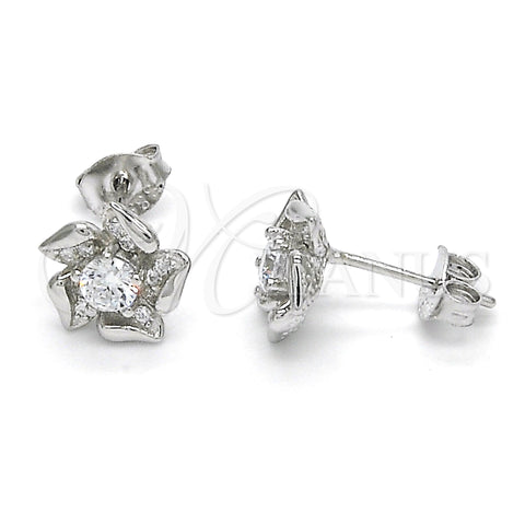 Sterling Silver Stud Earring, Flower Design, with White Cubic Zirconia, Polished, Raw, 02.285.0052