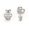 Sterling Silver Stud Earring, Heart and Flower Design, with White Cubic Zirconia, Polished, Raw, 02.285.0054