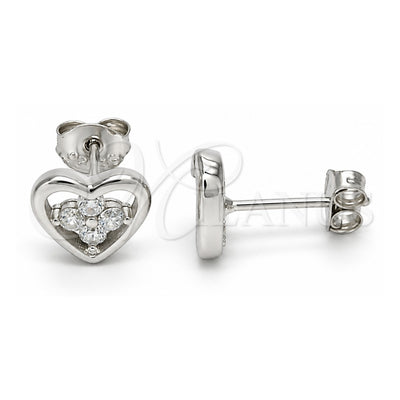 Sterling Silver Stud Earring, Heart and Flower Design, with White Cubic Zirconia, Polished, Raw, 02.285.0054