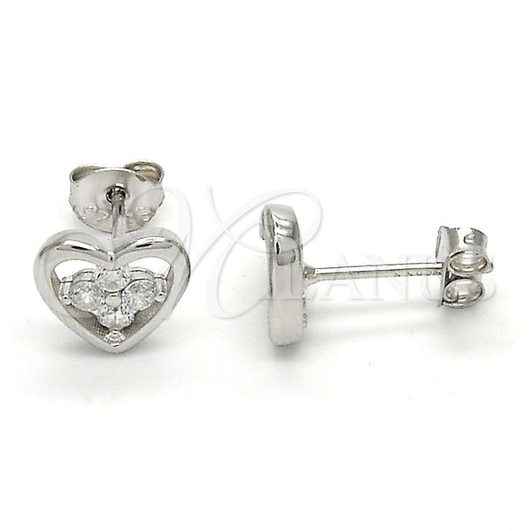 Sterling Silver Stud Earring, Heart and Flower Design, with White Cubic Zirconia, Polished, Raw, 02.285.0054