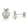 Sterling Silver Stud Earring, Heart and Flower Design, with White Cubic Zirconia, Polished, Raw, 02.285.0054