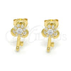 Sterling Silver Stud Earring, key Design, with White Cubic Zirconia, Polished, Golden Finish, 02.285.0062