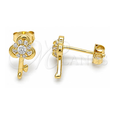 Sterling Silver Stud Earring, key Design, with White Cubic Zirconia, Polished, Golden Finish, 02.285.0062
