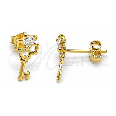 Sterling Silver Stud Earring, key and Heart Design, with White Cubic Zirconia, Polished, Golden Finish, 02.285.0072