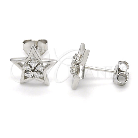 Sterling Silver Stud Earring, Star and Flower Design, with White Cubic Zirconia, Polished, Raw, 02.285.0075