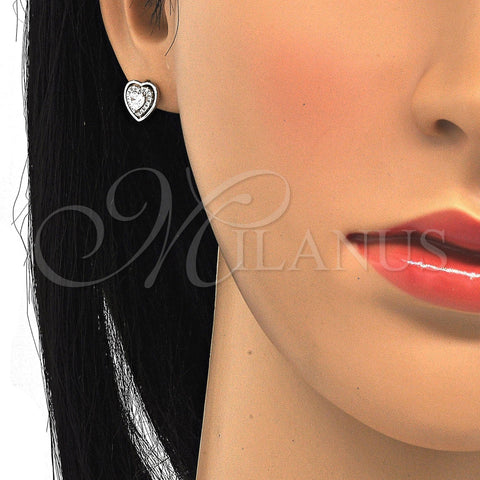 Sterling Silver Stud Earring, Heart Design, with White Cubic Zirconia and White Micro Pave, Polished, Rhodium Finish, 02.285.0076