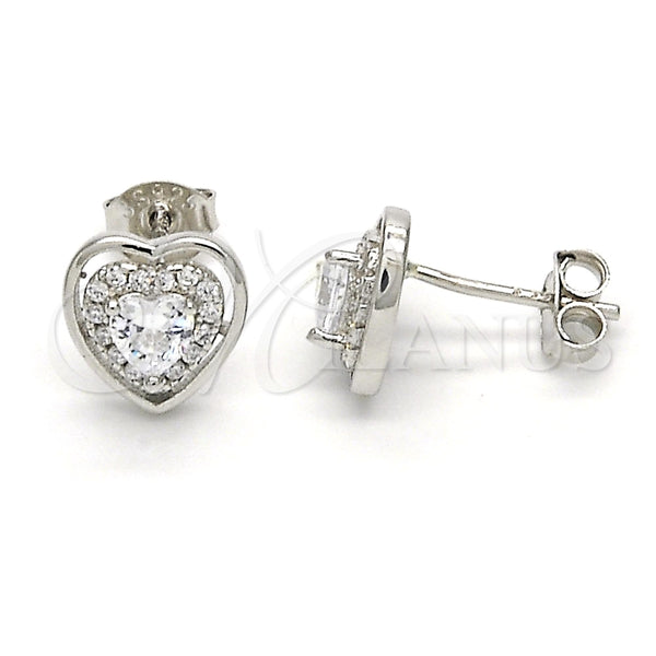 Sterling Silver Stud Earring, Heart Design, with White Cubic Zirconia and White Micro Pave, Polished, Rhodium Finish, 02.285.0076